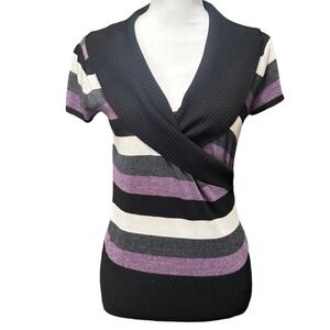 A. Byer Striped Surplice Shawl Collar Knit Top Size L Purple Black Vintage Y2K